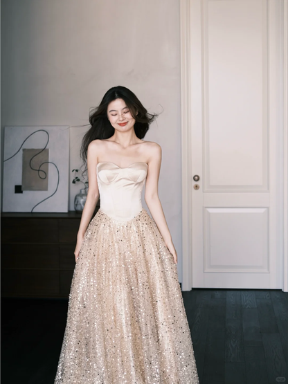 A Line Sweetheart Neck Champagne Satin Sequin Prom Dress Party Dresses SH4593