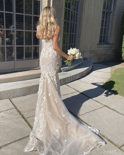 Elegant Long Mermaid Lace Applique Prom Dress Wedding Dress Evening Dress SH1079