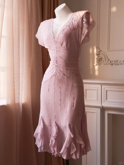 Vintage Sheath V Neck Beaded Sequin Chiffon Short Homecoming Dress SH5179