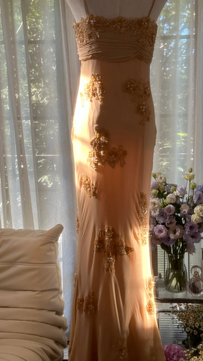 Dreamy Sheath Spaghetti Strap Appliques Chiffon Long Prom Dress Evening Dress SH2968