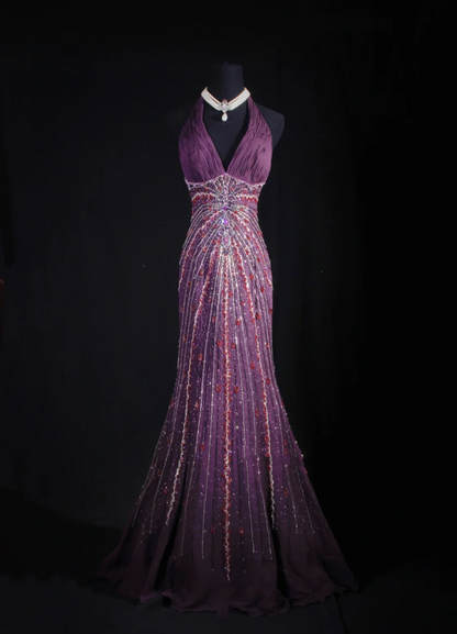 Purple Vintage V Neck Halter Satin Beaded Mermaid Long Party Dress Backless Evening Gown D2237