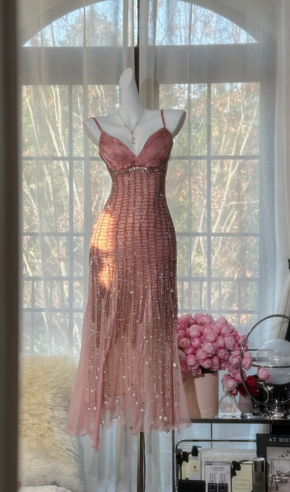 Pretty Spaghetti Straps Pink Chiffon Beaded Mermaid Long Wedding Guest Dress Pink Birthday Prom Dress Party Dress D2100