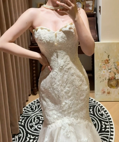 Pretty Strapless White Lace Sequin Beaded Mermaid Long Evening Dress Formal Birthday Birthday Prom Dress Party Gown D2048