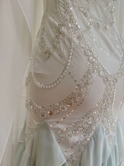 Stunning Mermaid Spaghetti Strap Beaded Ruffle Green White Chiffon Prom Dress Evening Dress SH3011