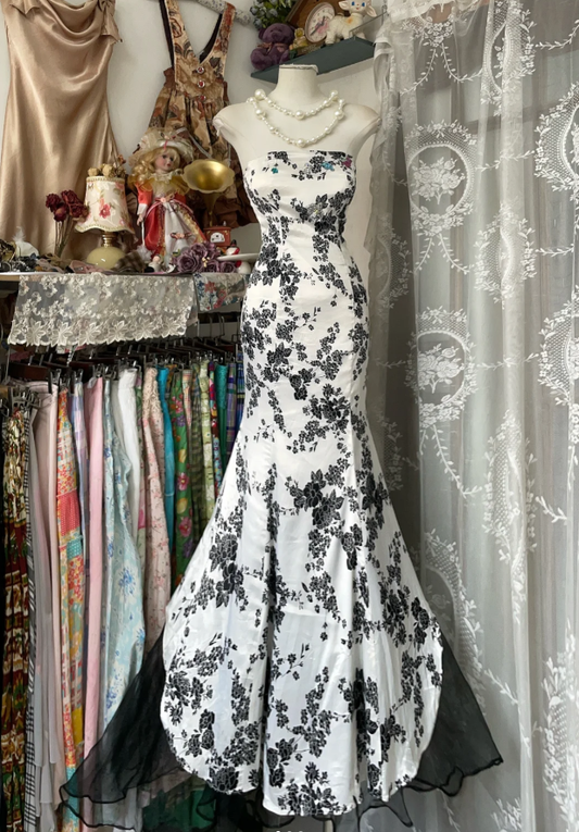 Vintage Strapless Satin Print Floral Mermaid Party Dress Long Evening Gown D1520