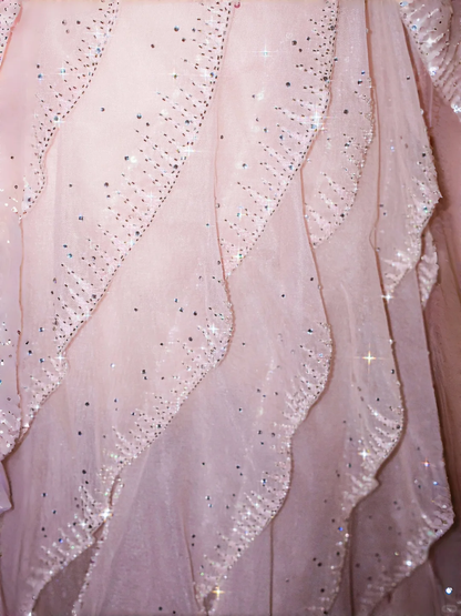 Gentle A Line Off the Shoulder Layered Rhinestone Beaded Pink Organza Long Party Dress SH2927