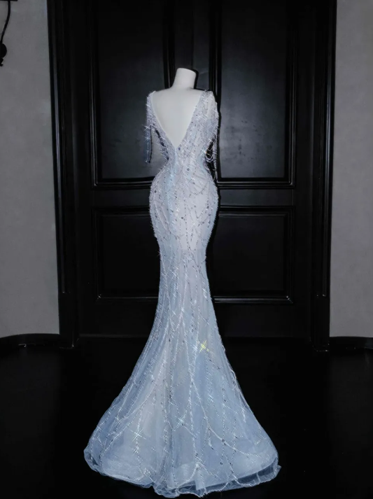 Blue Mermaid V Neck Rhinestone Tulle Long Prom Dress Party Dress SH3248