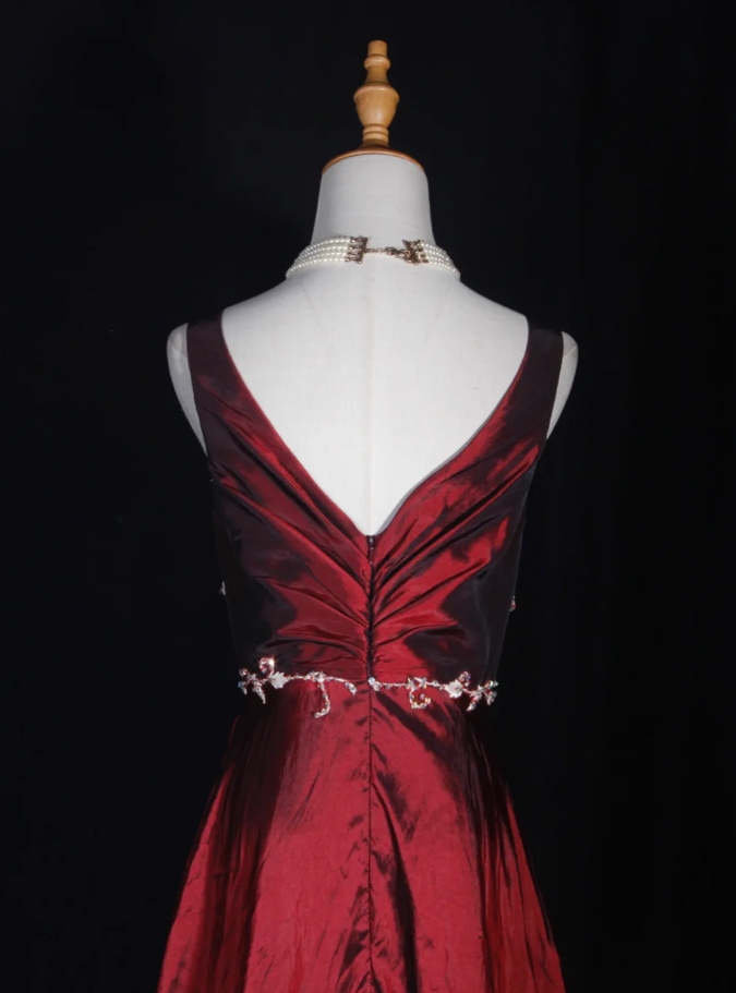 Vintage Burgundy V Neck Satin Embroidery Floral Mermaid Long Wedding Guest Dress Formal Birthday Evening Gown D2285