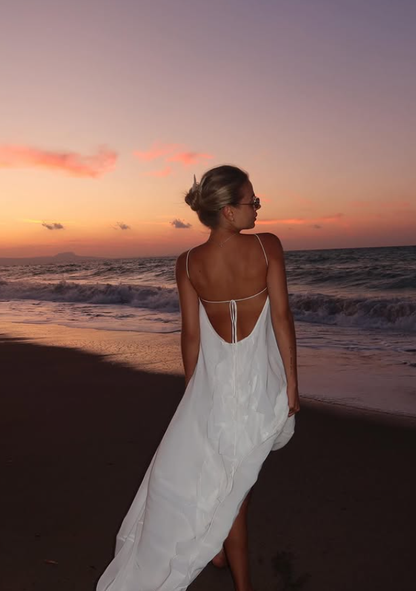 Flowy A Line Halter White Chiffon Open Back Prom Dress Vacation Dress SH4619