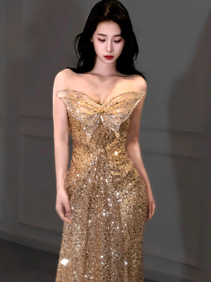 Golden Butterfly Mermaid Strapless Sequin Prom Dress Party Dress SH4076