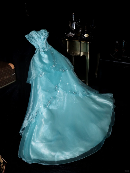 Classy A Line Strapless Beaded Layered Blue Organza Prom Dress Evening Dress SH3078