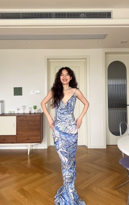 Vintage Sheath Spaghetti Strap Sexy Print Floral Chiffon Prom Dress Wedding Guest Dress SH4549