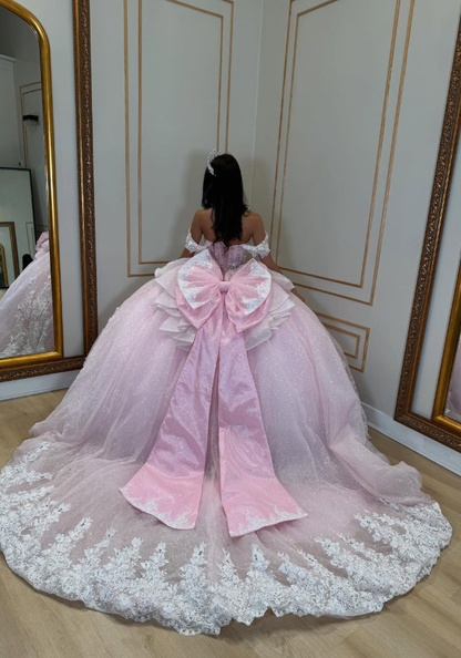 Pink Ball Gown Off the Shoulder Appliques Beaded Tulle Sweet 16 Dress Party Gowns Quinceanera Dresses SH3558