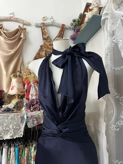 Retro Halter Satin Mermaid Navy Blue Backless Long Evening Dress Formal Birthday Party Dress D1123