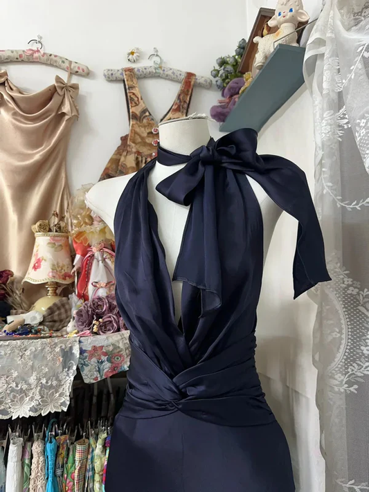 Retro Halter Satin Mermaid Navy Blue Backless Long Evening Dress Formal Birthday Party Dress D1123