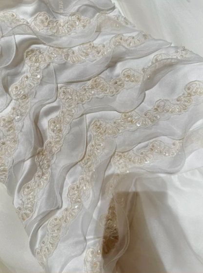 Classy Strapless White Satin Beaded Tulle Mermaid Long Evening Dress Formal Birthday Party Gowns D2047