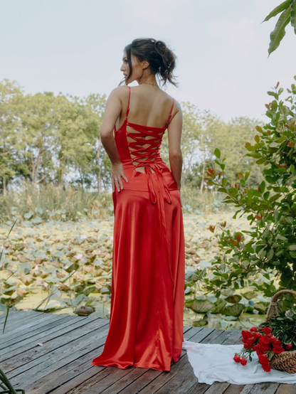 Sexy Mermaid Spaghetti Strap Red Satin Prom Dress Evening Dress with Slit SH2161