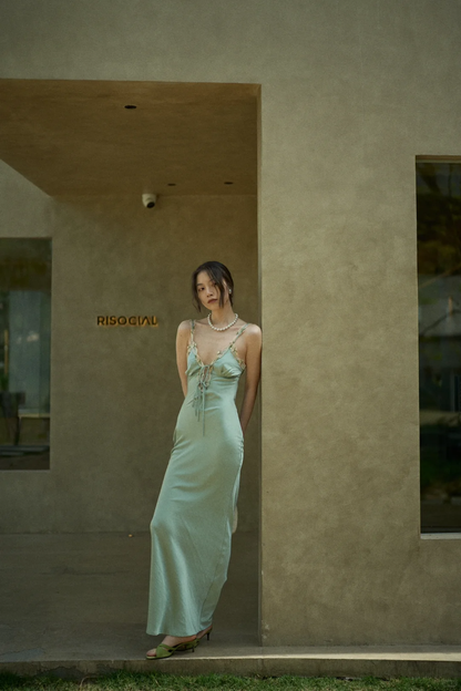 Sage Green Sheath Spaghetti Strap Appliques Satin Long Prom Dress Party Dress Outfits SH4965