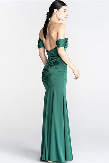 Green Satin Mermaid Off-Shoulder Long Party Prom Dress