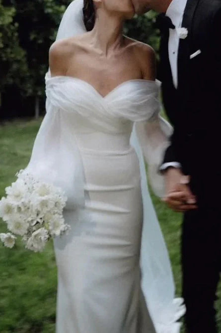 Mermaid Off-Shoulder Long Sleeves Beach Wedding Dress