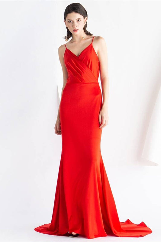 V-Neck Pleated Empire Satin Empire Mermaid Party Prom Dress