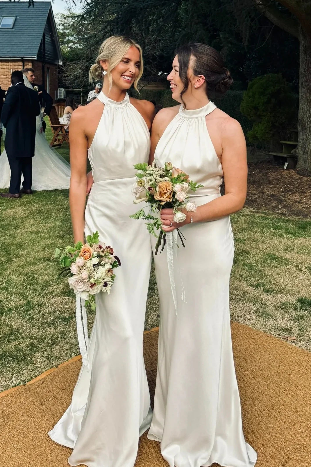Mermaid Satin High Neck Sleeveless Long Bridesmaid Dress