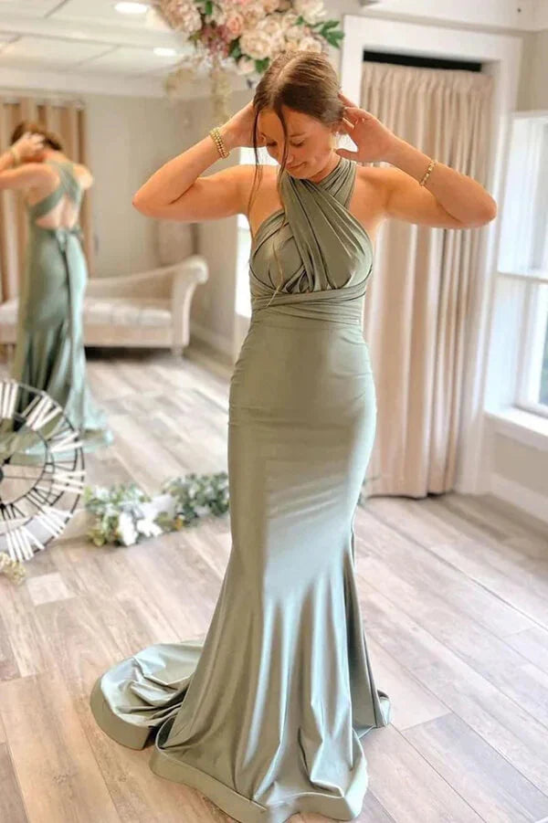Mermaid Satin Low V-Neck Open Back Bridesmaid Dress