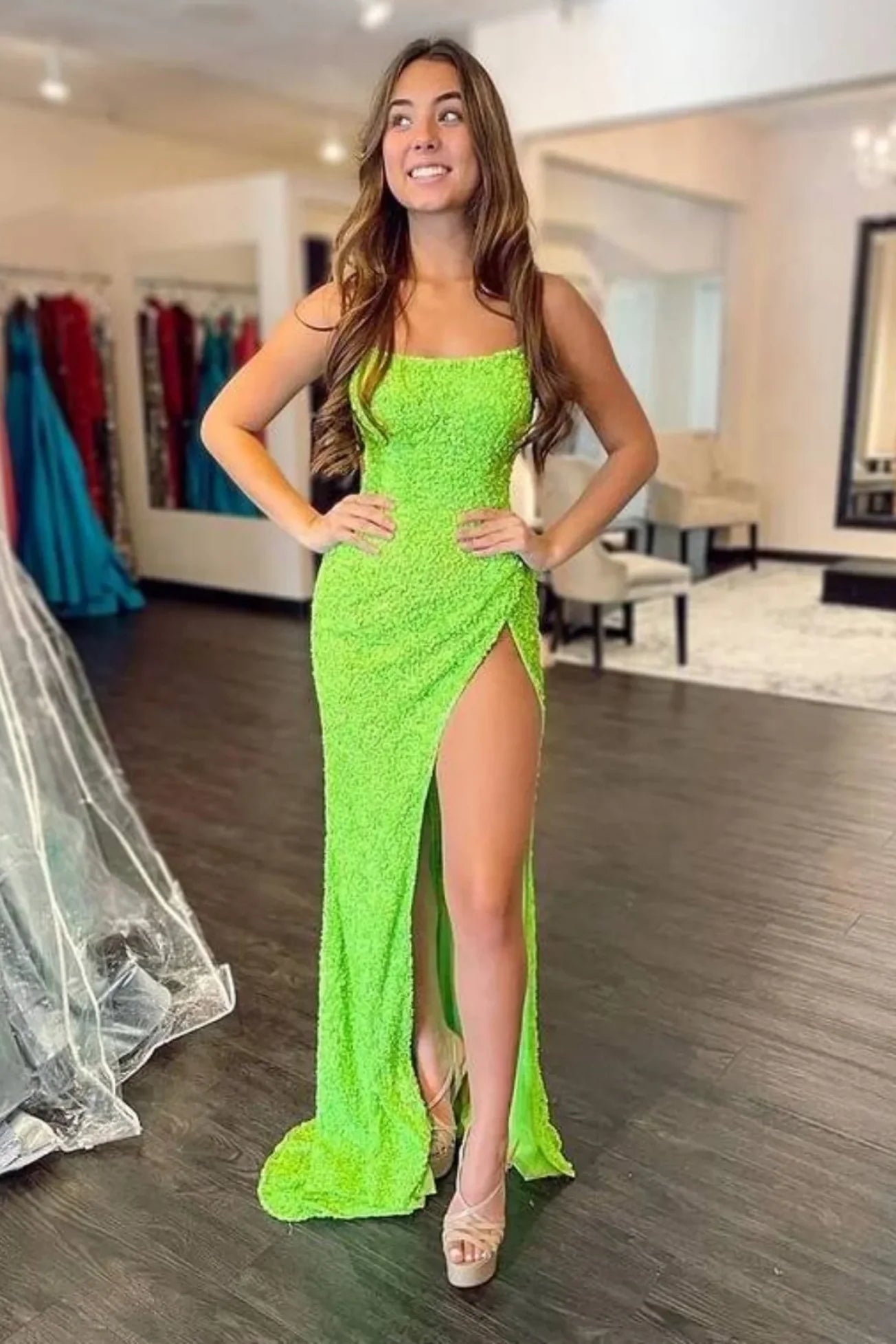 Mermaid Sequins Bateau Sleeveless Party Prom Dress With Slit