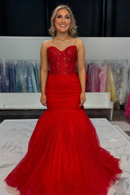 Mermaid Strapless Lace Appliques Party Prom Dress With Bow