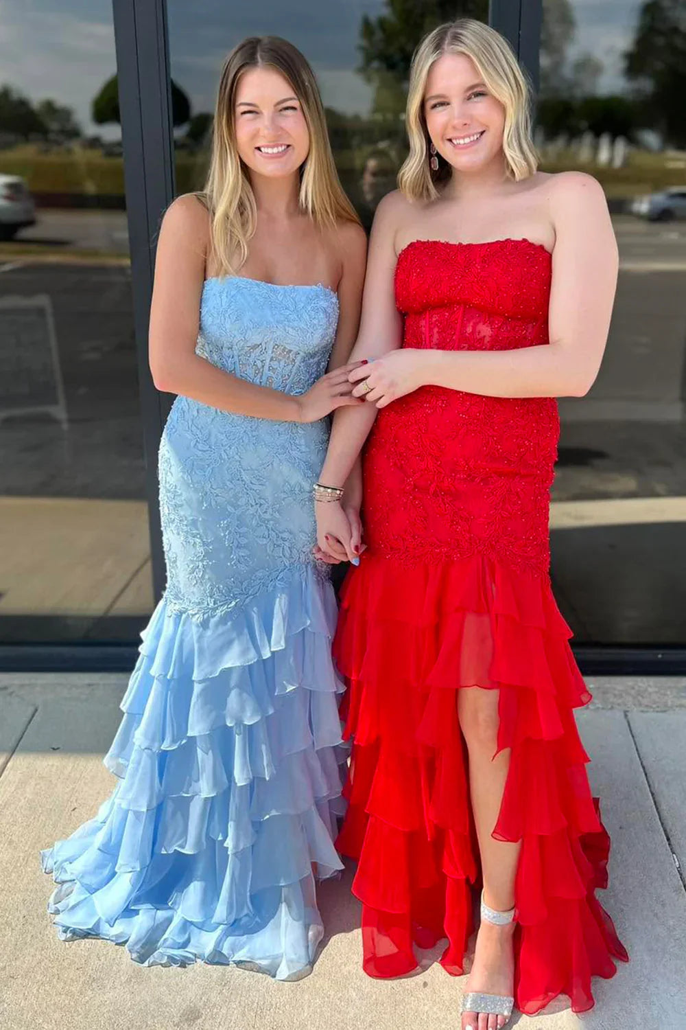 Strapless Empire Lace And Chiffon Tiered Train Formal Party Dress