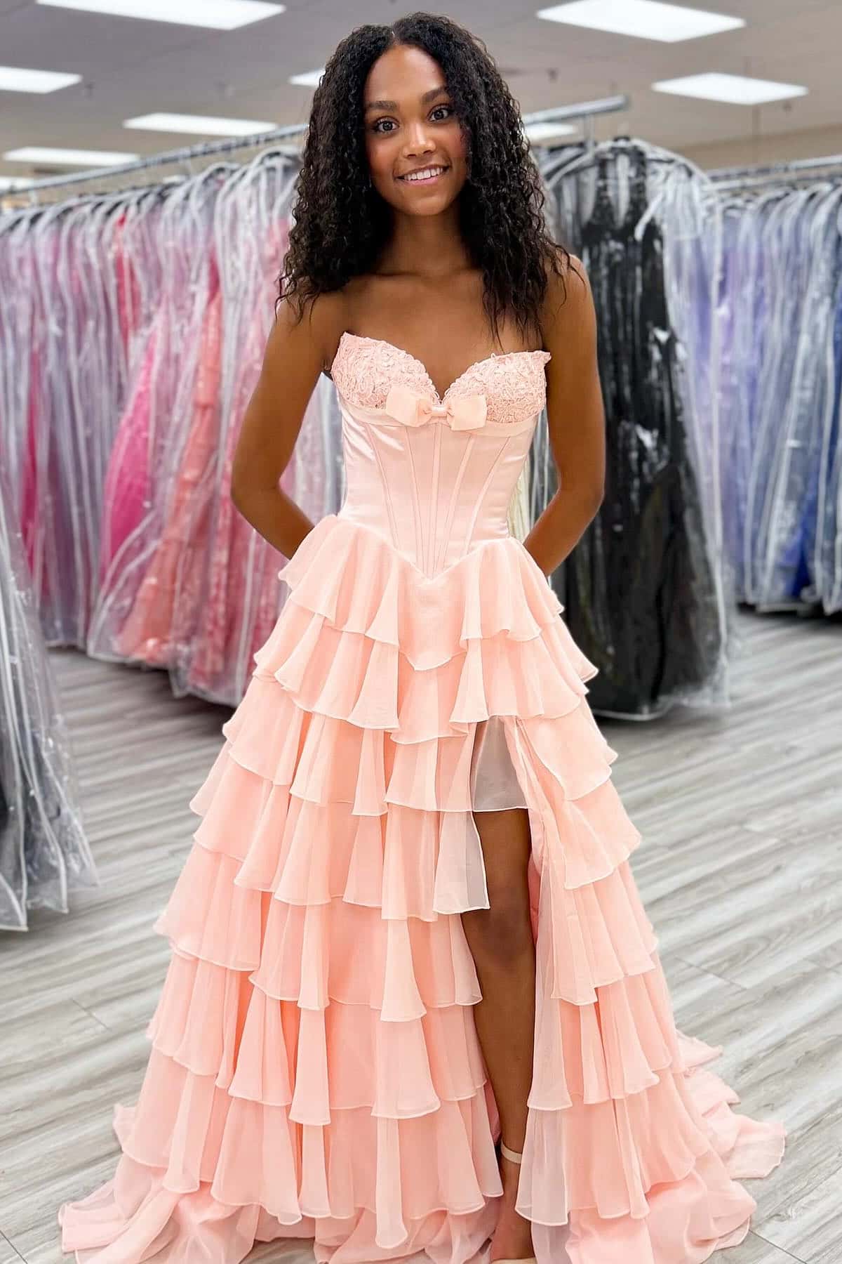 Modest A-Line Empire Strapless Tiered Party Prom Dress With Bow