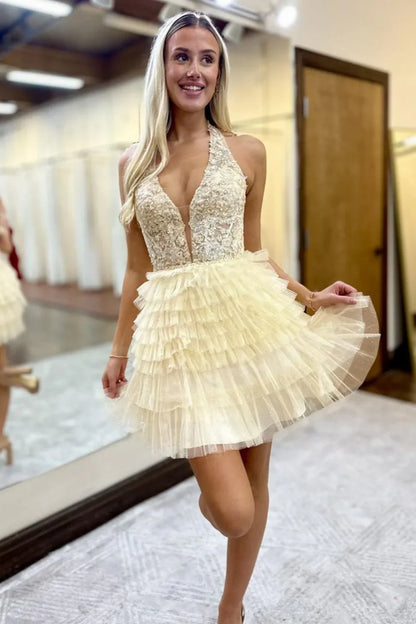 Modest A-Line V-Neck Halter Two Tone Homecoming Dress