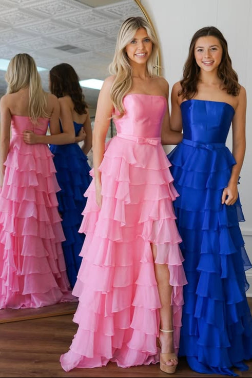Modest Chiffon A-Line Strapless Empire Tiered Party Prom Dress