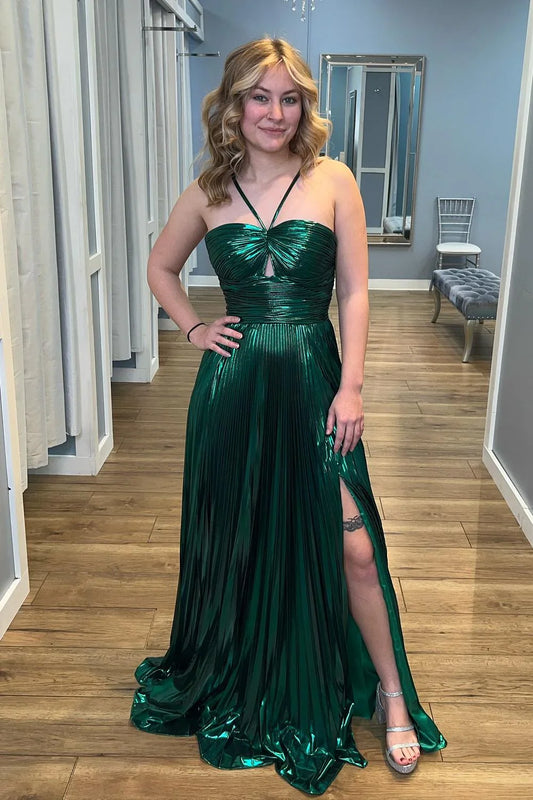 Modest Halter Sleeveless Satin A-Line Party Prom Dress With Slit