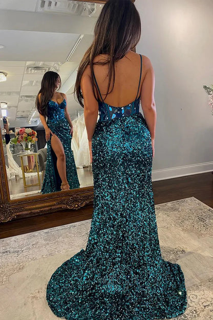 Modest Low V-Neck Mermaid Sequins And Beaded Party Prom Dress