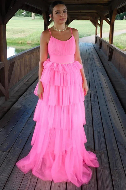 Modest Pink Chiffon A-Line Bateau Sleeveless Tiered Party Prom Dress