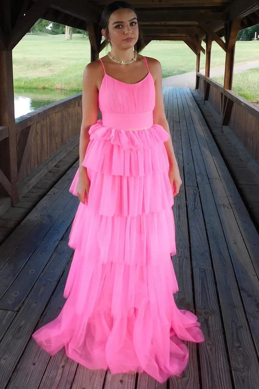 Modest Pink Chiffon A-Line Bateau Sleeveless Tiered Party Prom Dress