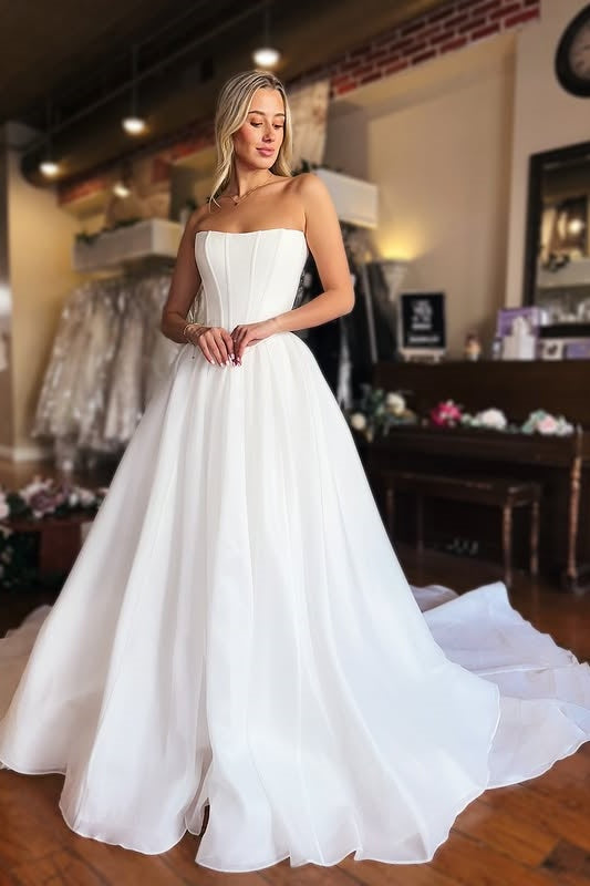 Modest Satin A-Line Empire Strapless Long Wedding Dress