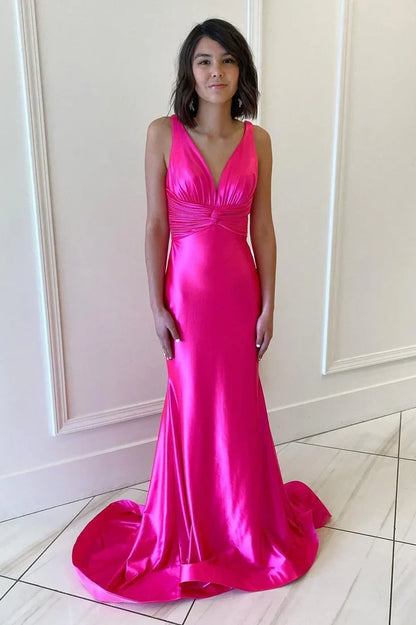 Modest Satin Mermaid V-Neck Sleeveless Party Prom Dress