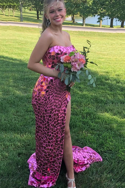 Modest Strapless Lace Up Beaded Mermaid Party Prom Dress With Slit