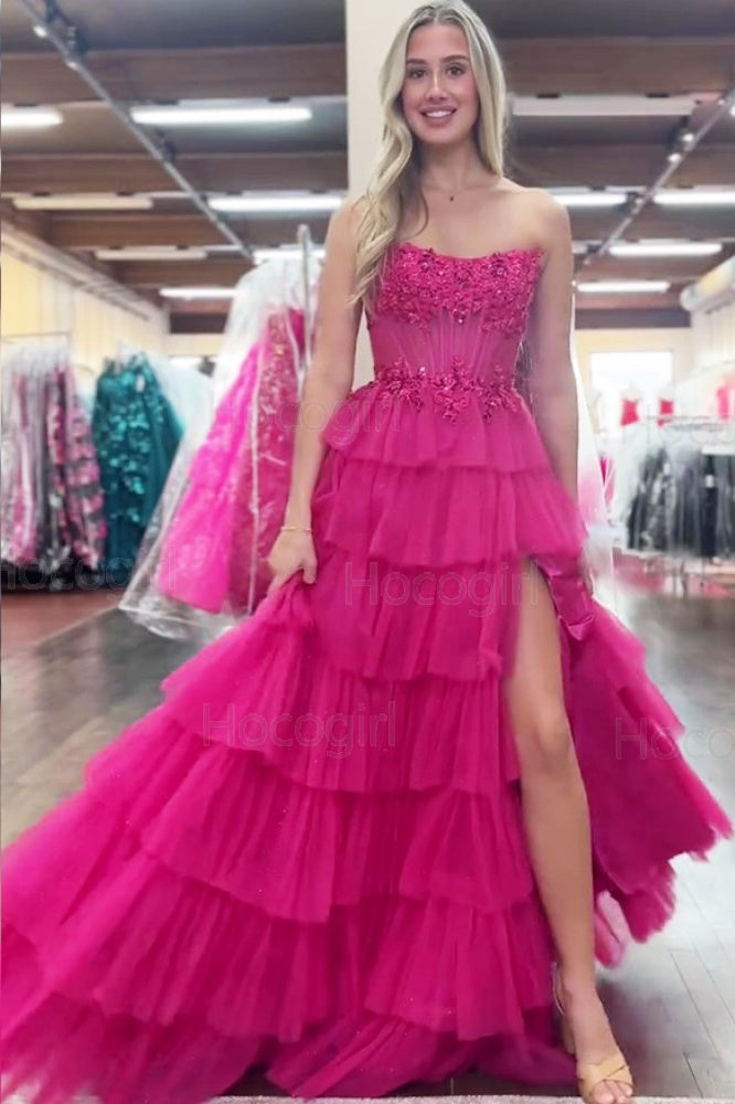 Modest Strapless Tulle A-Line Empire Tiered Party Prom Dress