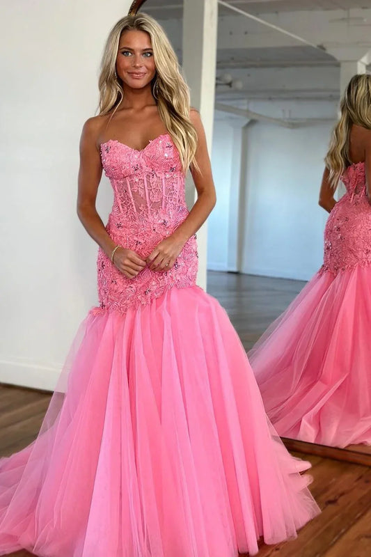 Modest Sweetheart Strapless Lace Appliques  Tulle Mermaid Party Prom Dress