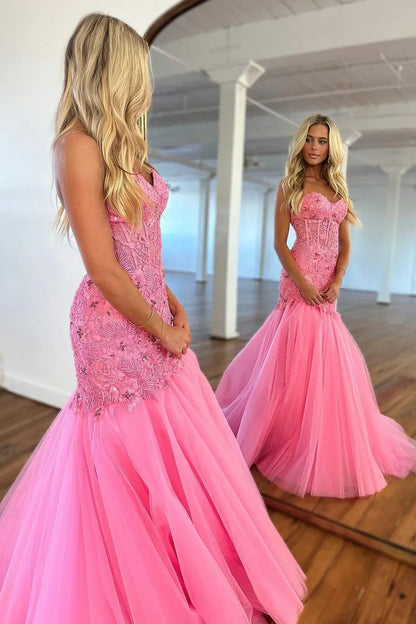 Modest Sweetheart Strapless Lace Appliques  Tulle Mermaid Party Prom Dress