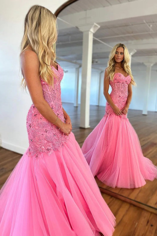 Modest Sweetheart Strapless Lace Appliques  Tulle Mermaid Party Prom Dress
