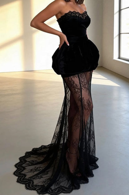 Modest Sweetheart Strapless Party Prom Dress With Lace Train