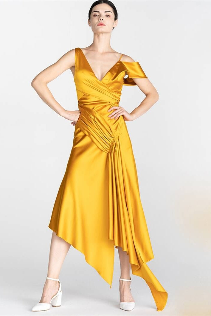 Yellow Asymmetrical Straps Satin A-Line Party Dress