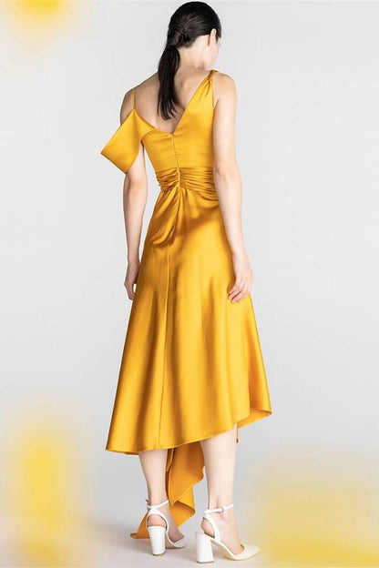 Yellow Asymmetrical Straps Satin A-Line Party Dress