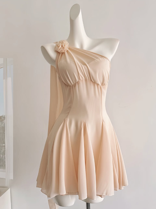 Apricot A Line One Shoulder Flower Chiffon Short Homecoming Dress Cocktail Dress SH3051