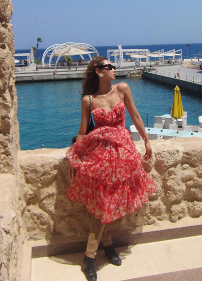 Red Print Floral A Line Spaghetti Strap Layered Chiffon Short Homecoming Dress Vacation Dresses SH4155