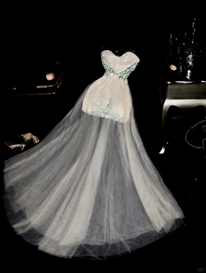 Retro A Line Sweetheart Neck Embroidery White Lace Tulle Prom Dress Evening Dress SH3179